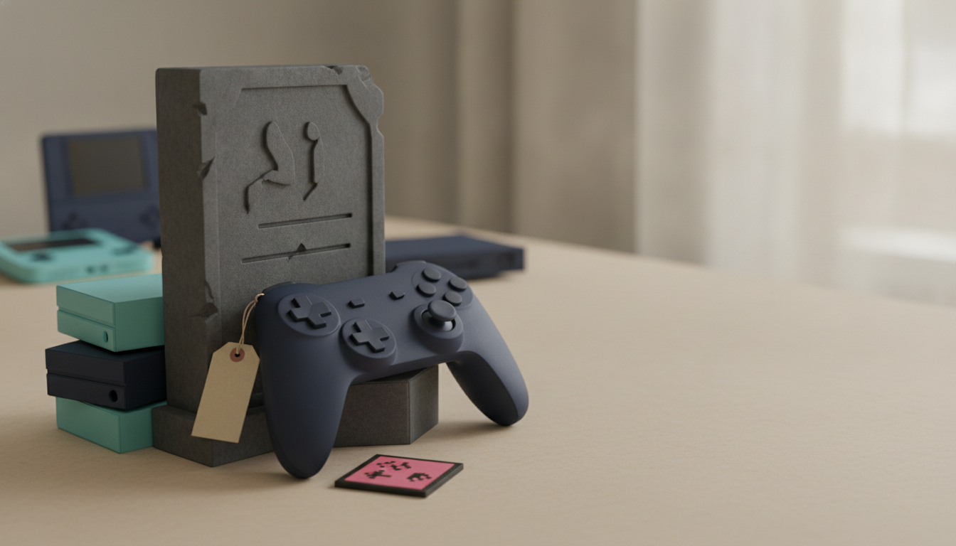 A dark gray tombstone with carvings, a dark blue video game controller with a tag, and a pixelated game cartridge are on a beige table, with stacked boxes and blurred gaming