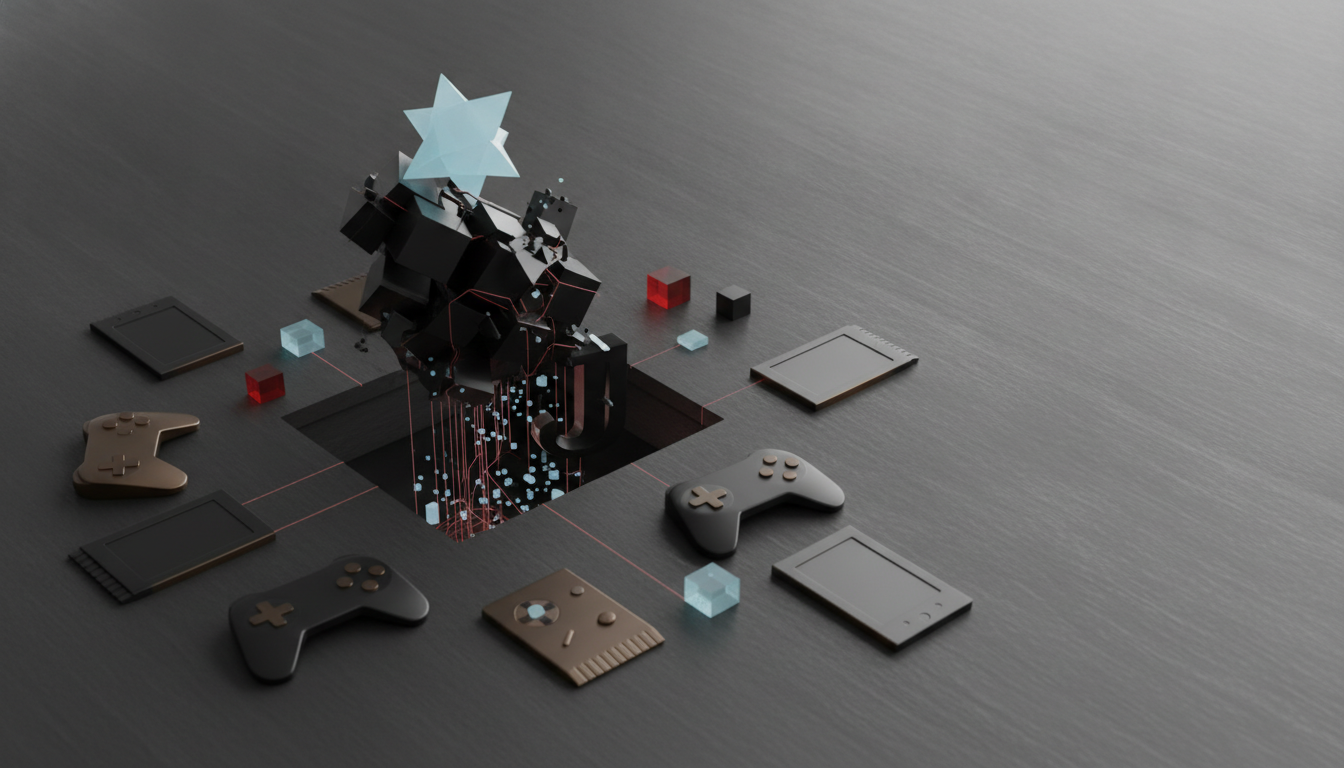 Dark metallic surface with a central square opening containing stacked black geometric shapes, surrounded by game controllers, memory cards, and small colored cubes.