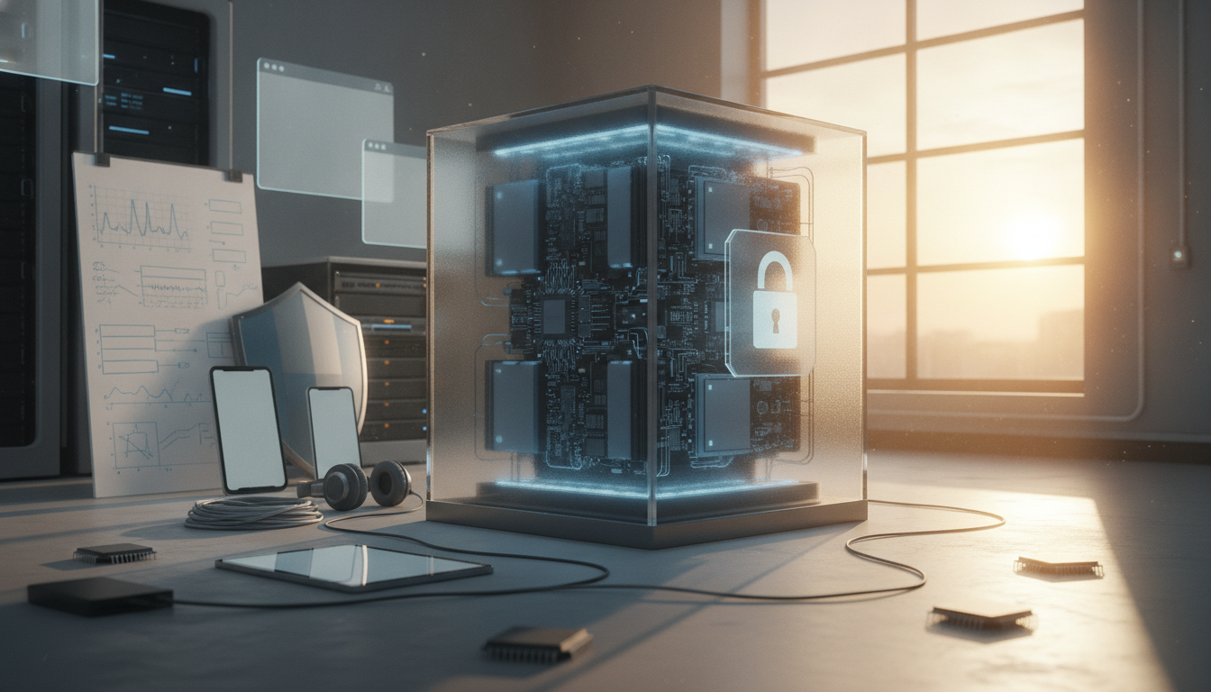 A clear cube with a glowing blue circuit board and a padlock icon sits on a floor with various tech devices, in a room with server racks and a sunlit window.