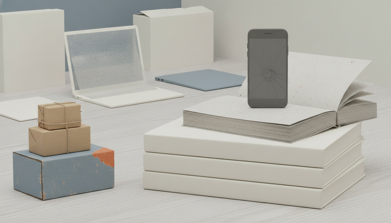 A cracked smartphone stands on an open book atop stacked books beside a laptop and small wrapped boxes on a light desk.
