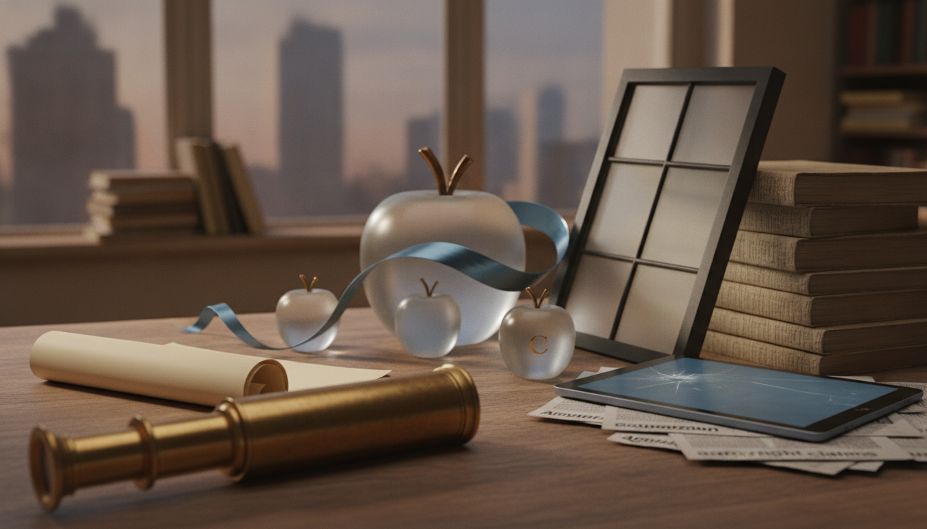 A desk holds rolled paper, a brass telescope, a tablet, stacked books, a window frame, and several metallic apples with a blue ribbon.