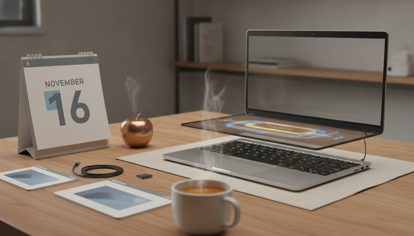 A desk with a calendar showing November 16, a golden apple, a steaming coffee cup, and a laptop with a transparent screen displaying a glowing circuit.