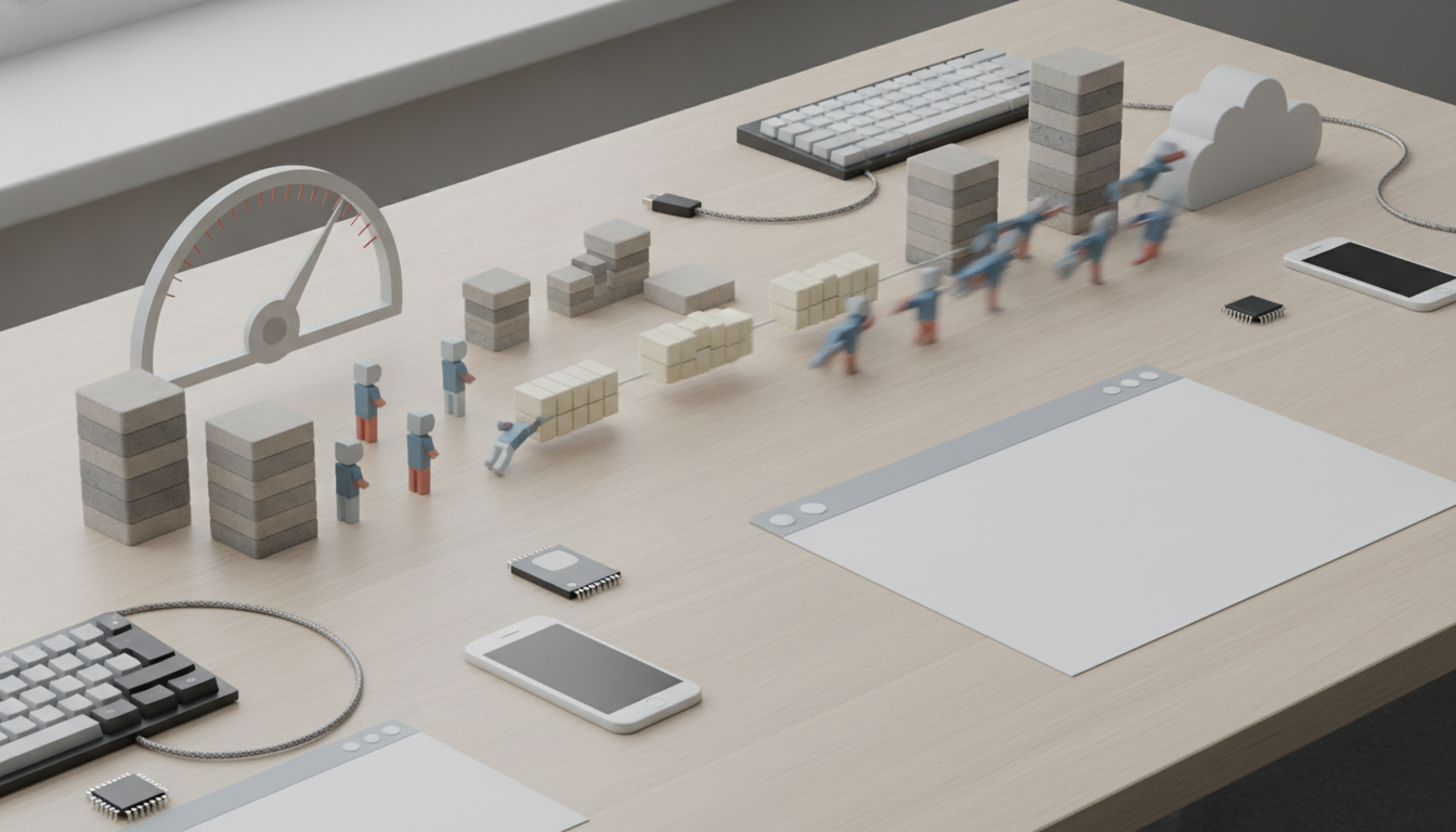 A light wood desk holds keyboards, smartphones, cloud-shaped decor, stacked blocks, tiny figures, chips, and a speedometer gauge.