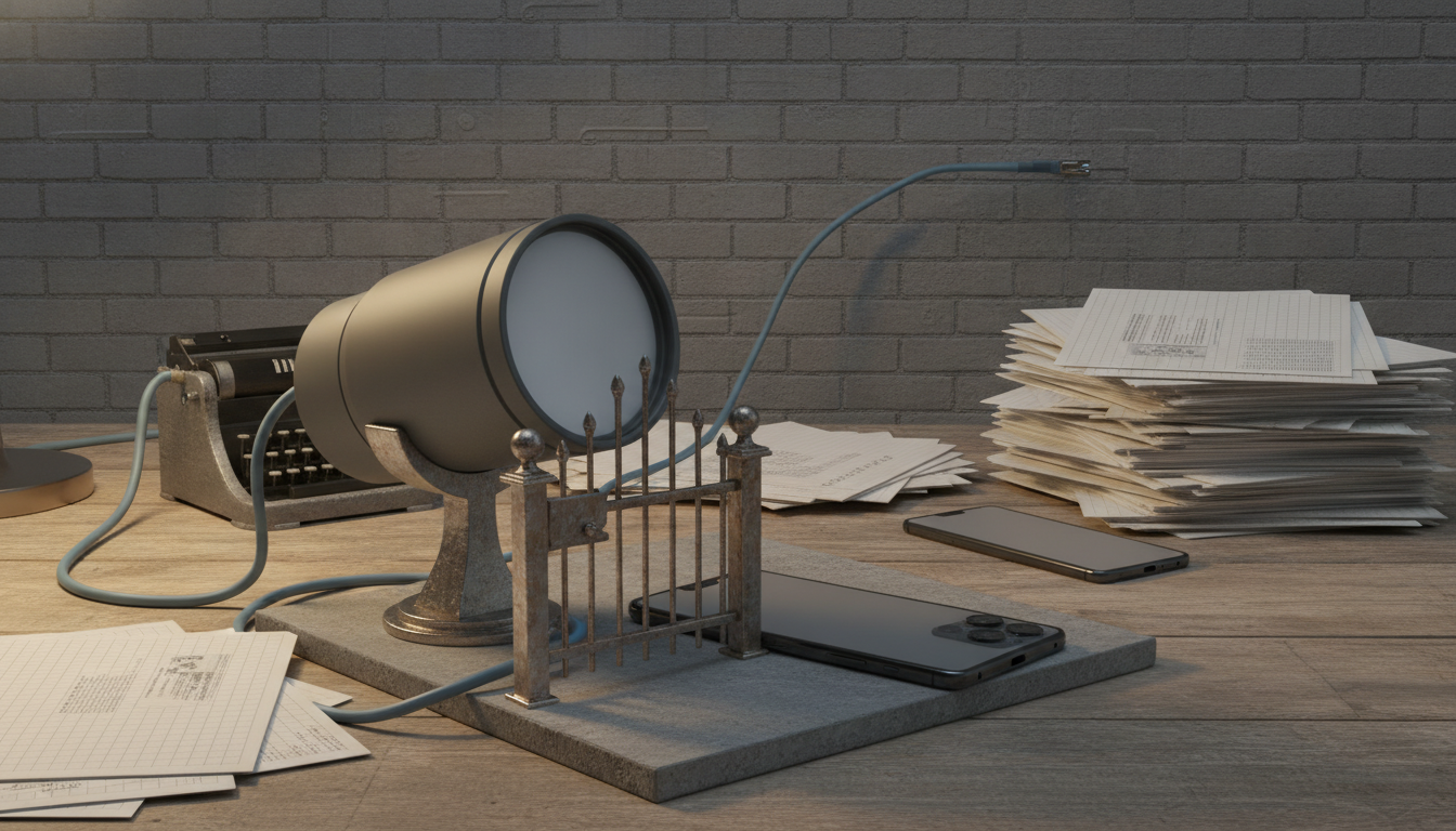 a desktop with a large cylindrical lamp, blue cable, stacked papers, two smartphones, and a small metal gate