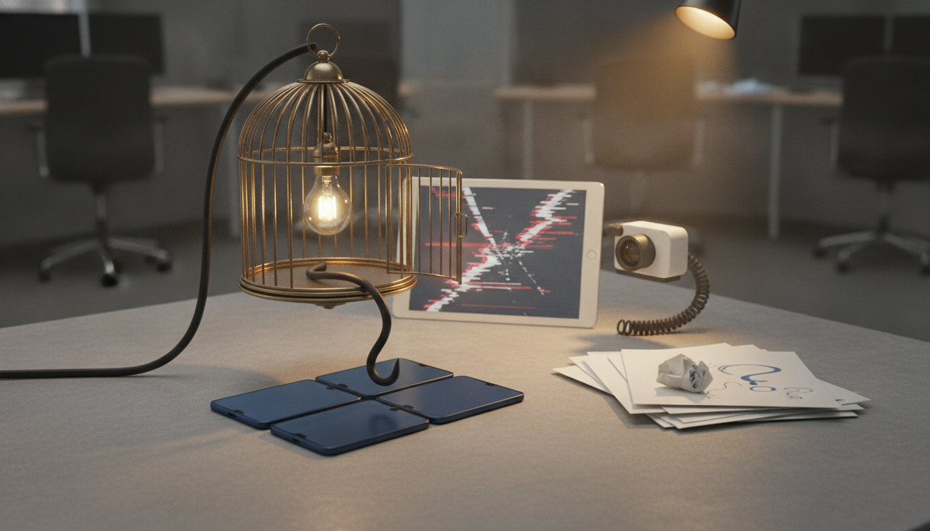 A lit bulb inside a birdcage lamp sits on a desk beside a tablet, a small camera, and a stack of papers.