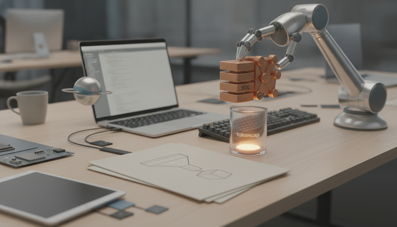 A desk with a laptop, keyboard, mug, tablet, papers, a robotic arm, and a small glowing glass container.