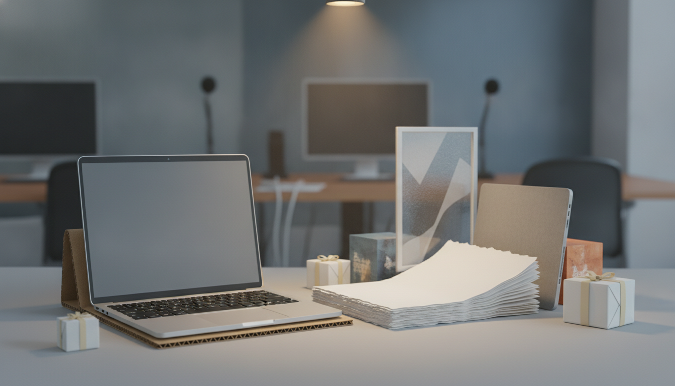a laptop, tablet, framed print, stacked paper, and small wrapped boxes on a desk in a dim office