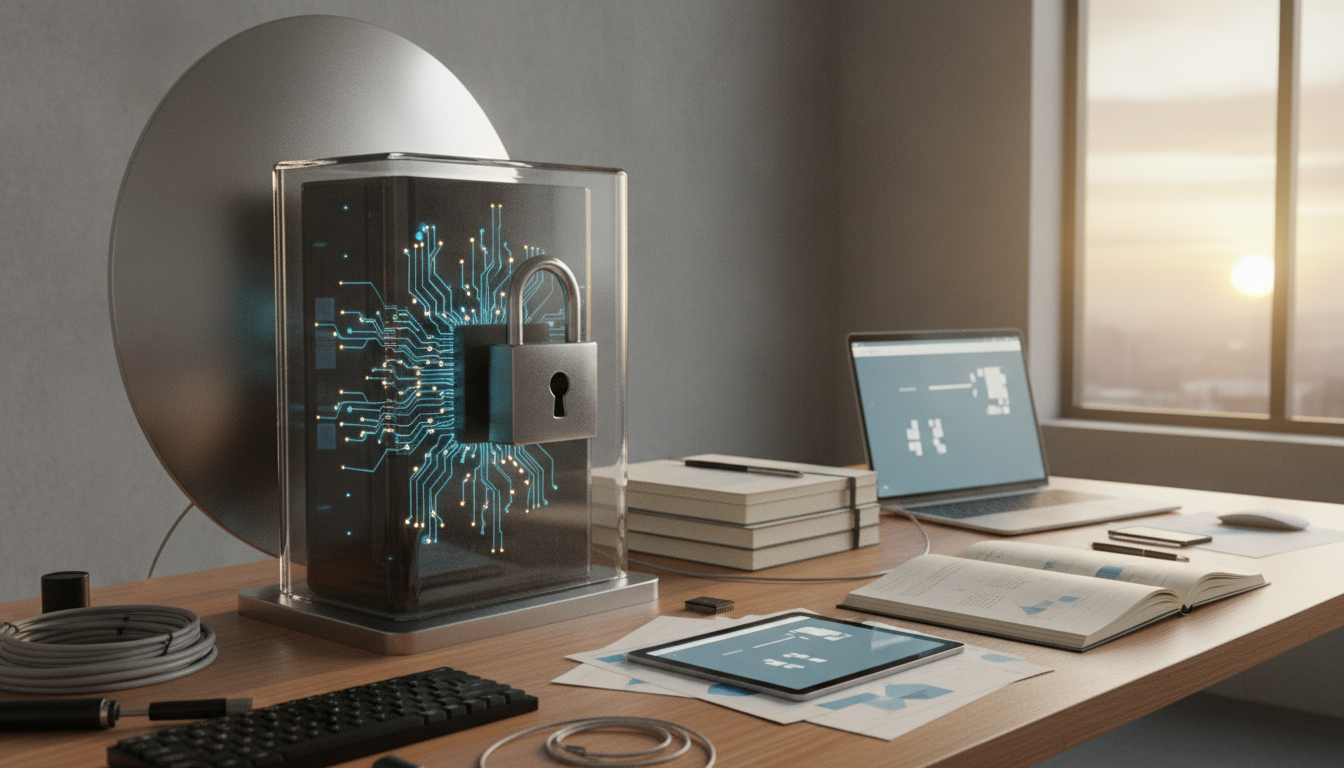 A desk with a locked glass case containing a glowing circuit board, a laptop, books, papers, a tablet, and cables by a window at sunset.