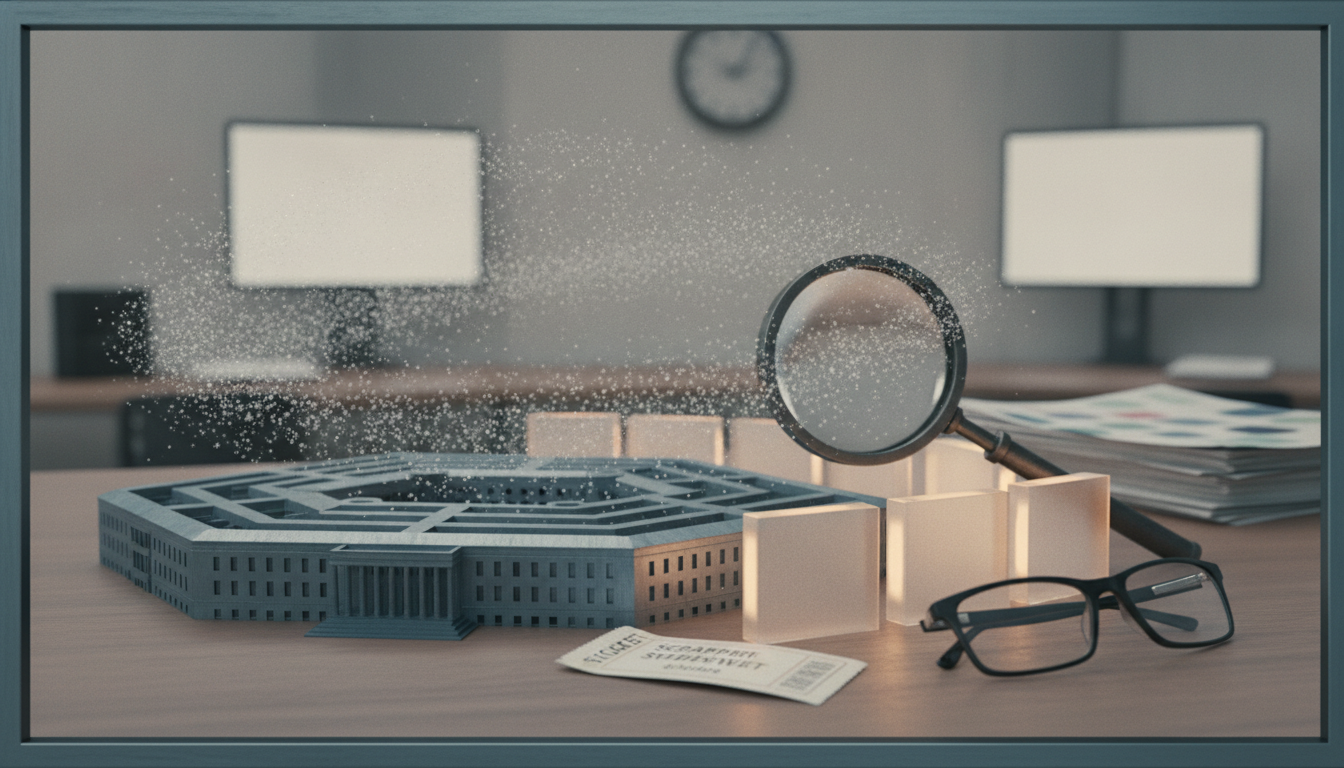 a desk with a model building, magnifying glass, eyeglasses, papers, and two glowing monitors in the background