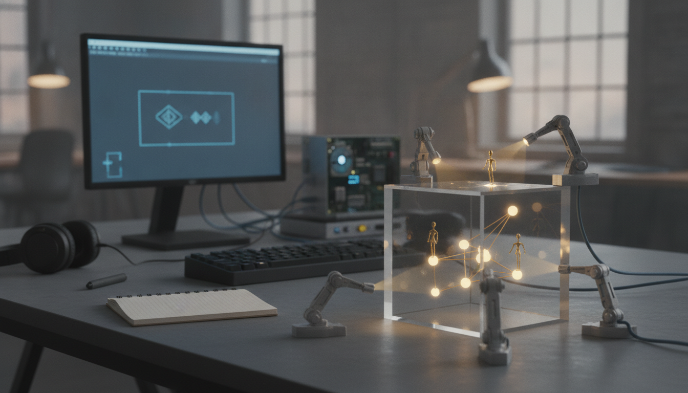 Desk with a monitor, keyboard, notebook, headphones, small robotic arms, and a glowing transparent cube with tiny figures and lights.