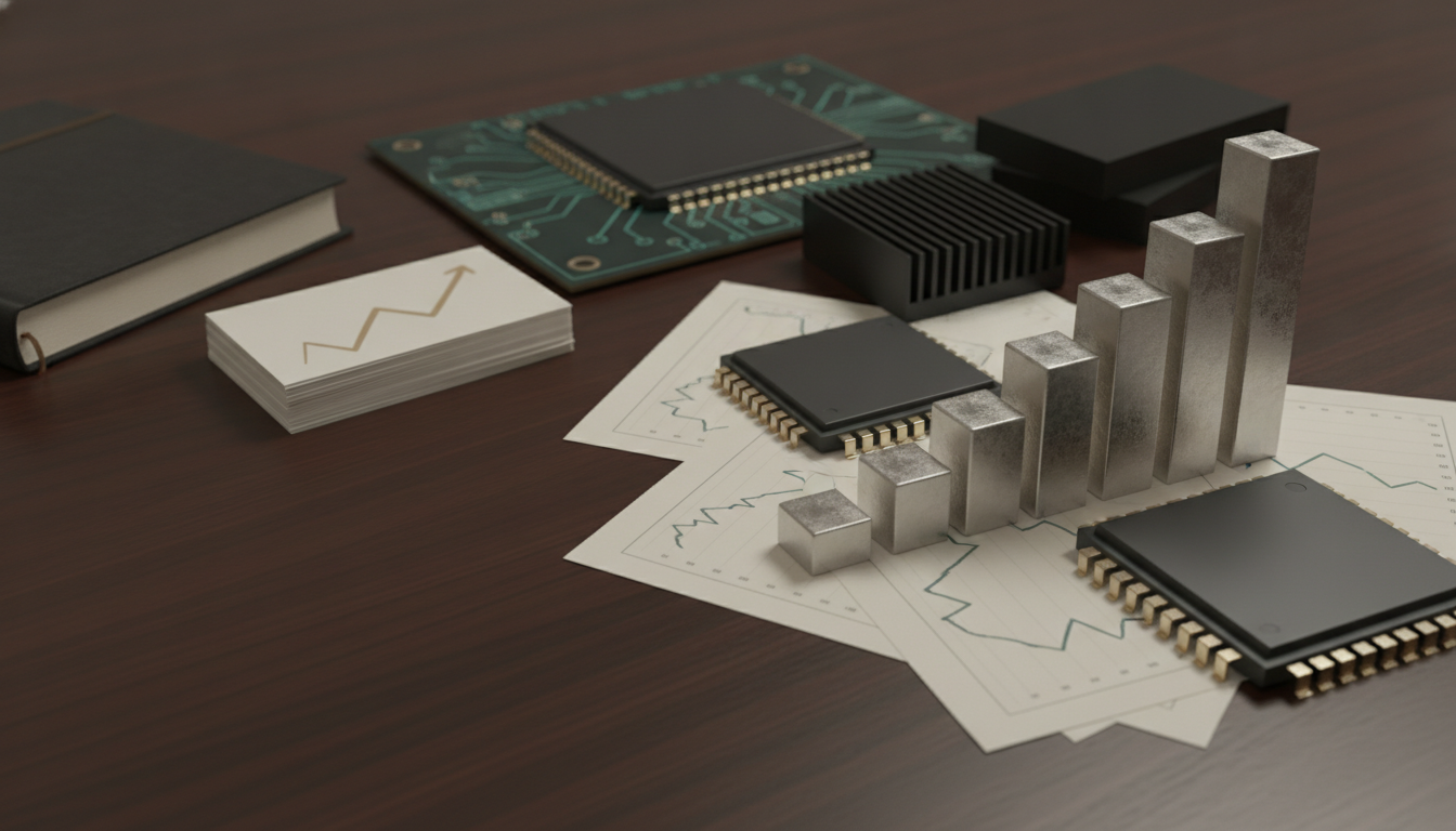 A dark wooden desk holds a black notebook, a stack of cards with an upward arrow graph, circuit boards, processor chips, a heat sink, a silver bar graph, and graph papers.