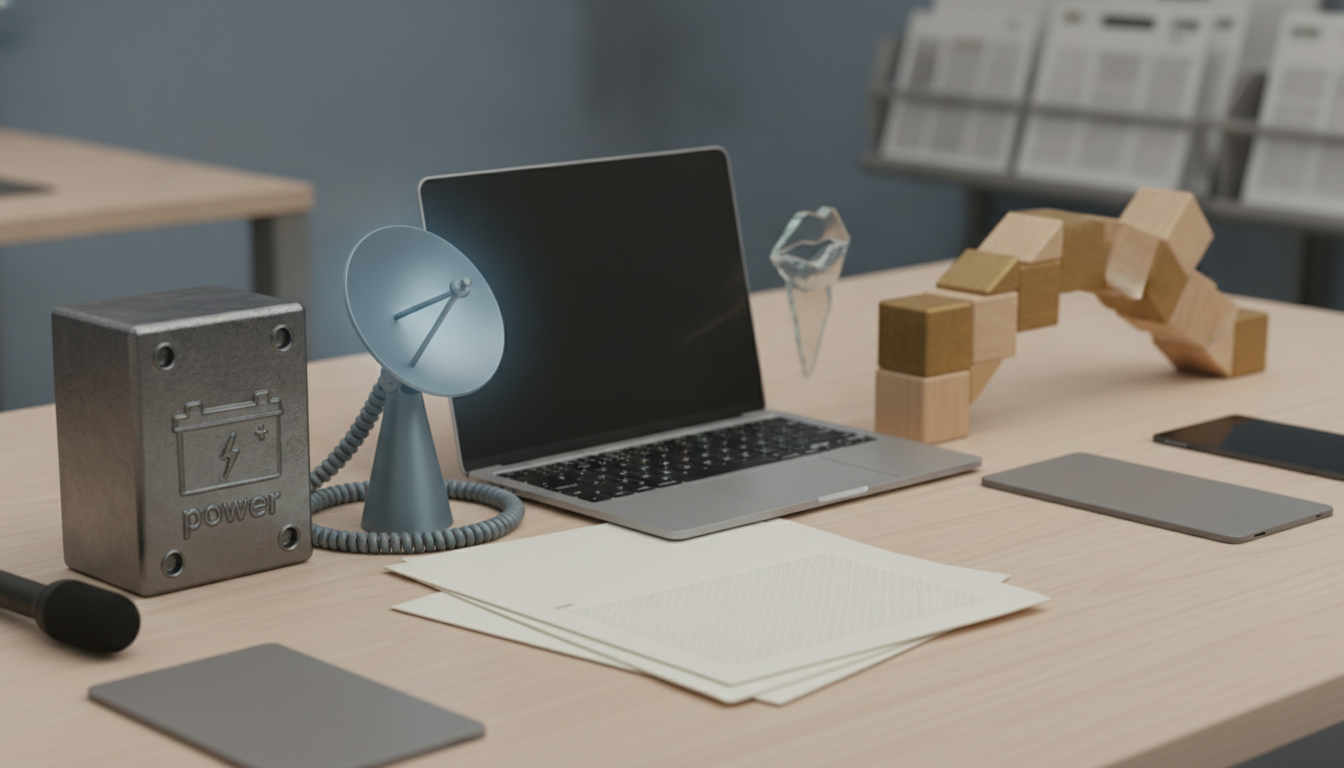 A desk holds a power bank, satellite dish, laptop, abstract sculpture, wooden block arch, smartphone, tablet, papers, and microphone.