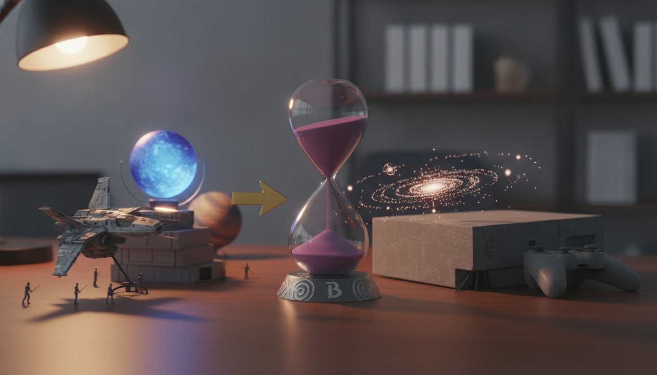 A desk scene featuring a spaceship model, a glowing blue globe, an hourglass with pink sand, and a game console with a holographic galaxy, under a desk lamp.