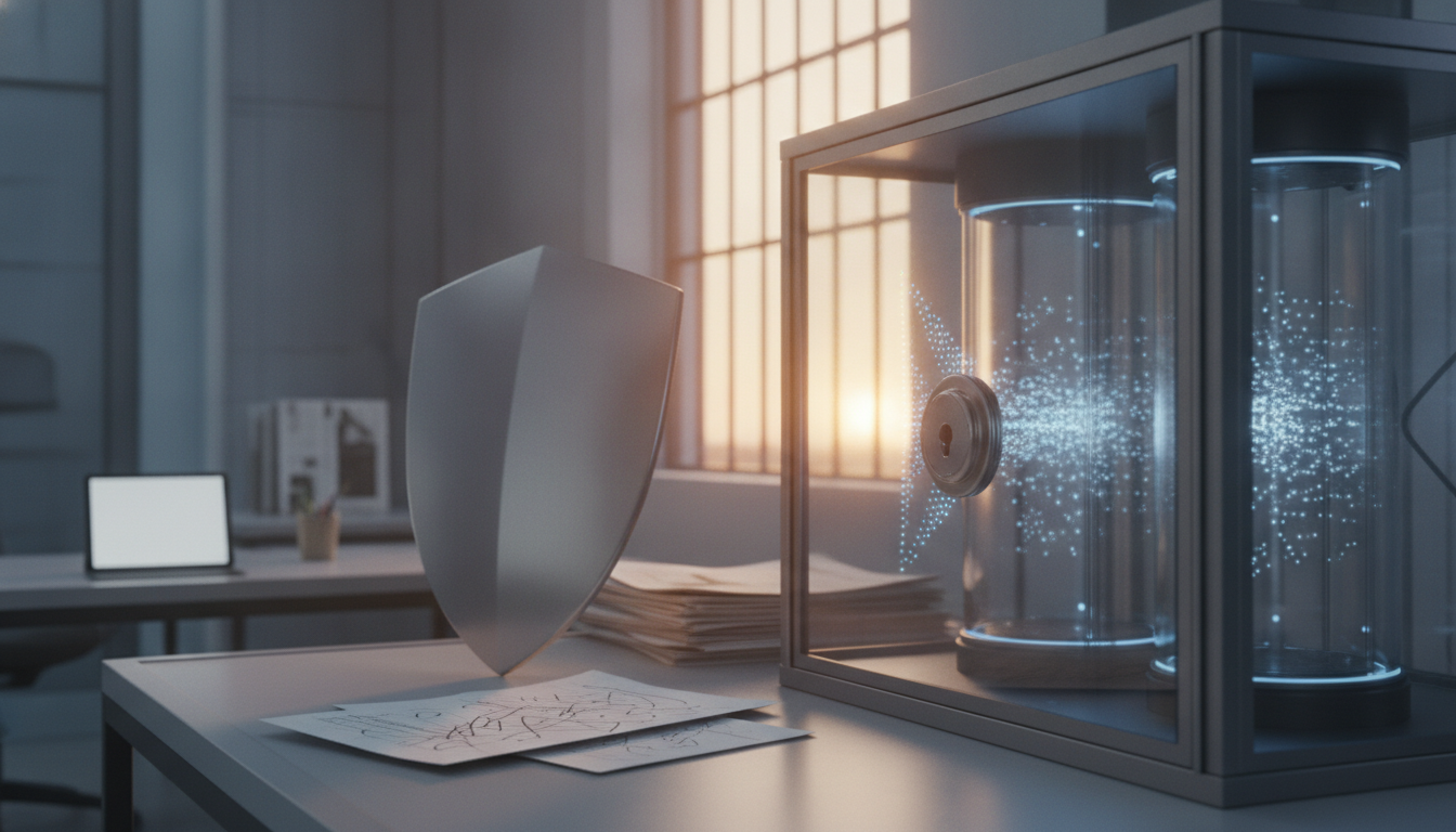 A desk holds a standing shield, scattered papers, a tablet, and a glass case with blue glowing particles beside a sunlit window.