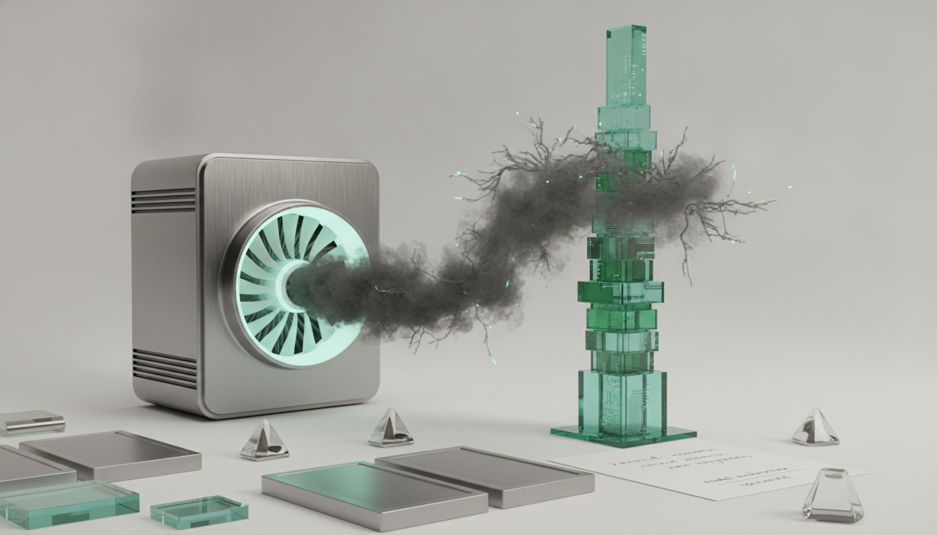 A silver device with a glowing fan emits dark smoke and gnarled branches towards a tall, stacked green block structure, with various blocks, clear pyramids, and a white paper on