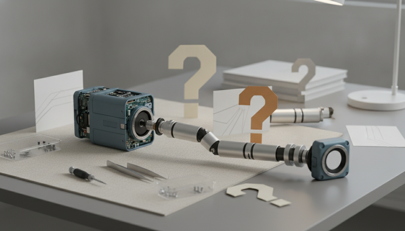 A disassembled blue electronic device with visible circuit boards is connected to a segmented silver arm on a desk with tools, papers, and question mark cutouts.