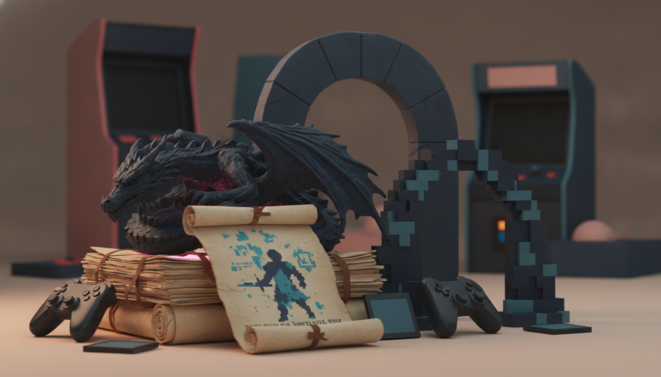 A dragon rests on stacked scrolls beside game controllers, a parchment map, arcade cabinets, and a pixelated arch figure.