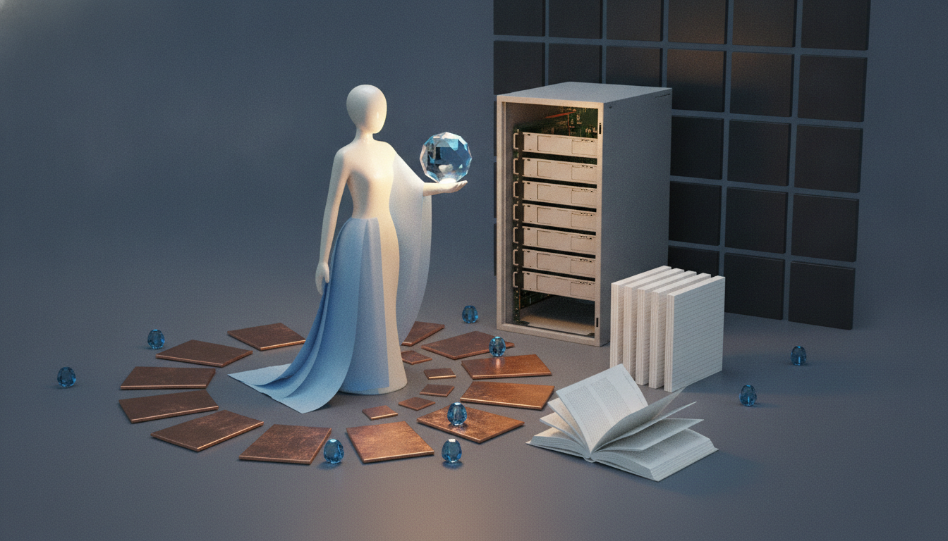 A faceless figure in a flowing blue and white dress stands beside a server rack, holding a blue crystal orb, with books, copper tiles, and small blue gems on the floor.