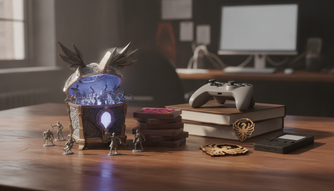A fantasy-themed chest with glowing blue light and miniature figures sits on a wooden table with game cartridges, books, a controller, and a handheld device.