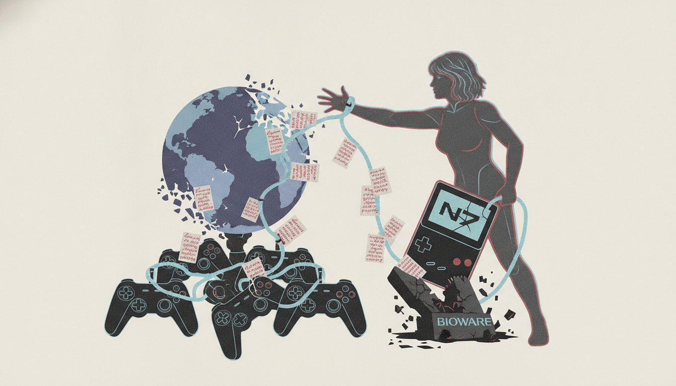 A female figure is connected by wires and notes to a breaking globe and game controllers, holding a broken handheld game with 'N7', linked to a 'BIOWARE' block.