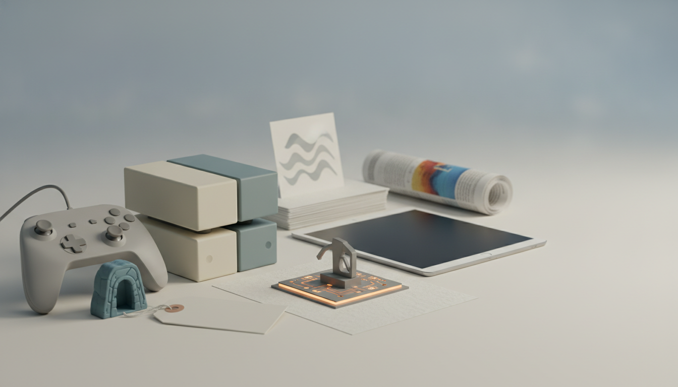 A grey game controller, a blue archway, stacked beige and blue blocks, white cards, a rolled newspaper, a tablet, and a circuit board with a gas pump nozzle on a white surface.