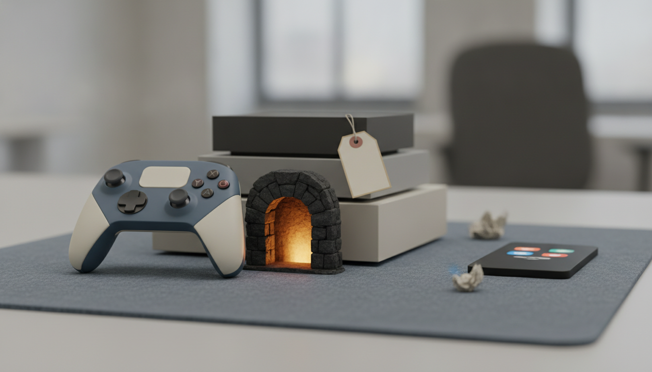 A blue and white game controller, a glowing stone archway, and stacked boxes with a blank price tag are on a gray mat with a smartphone and crumpled papers.