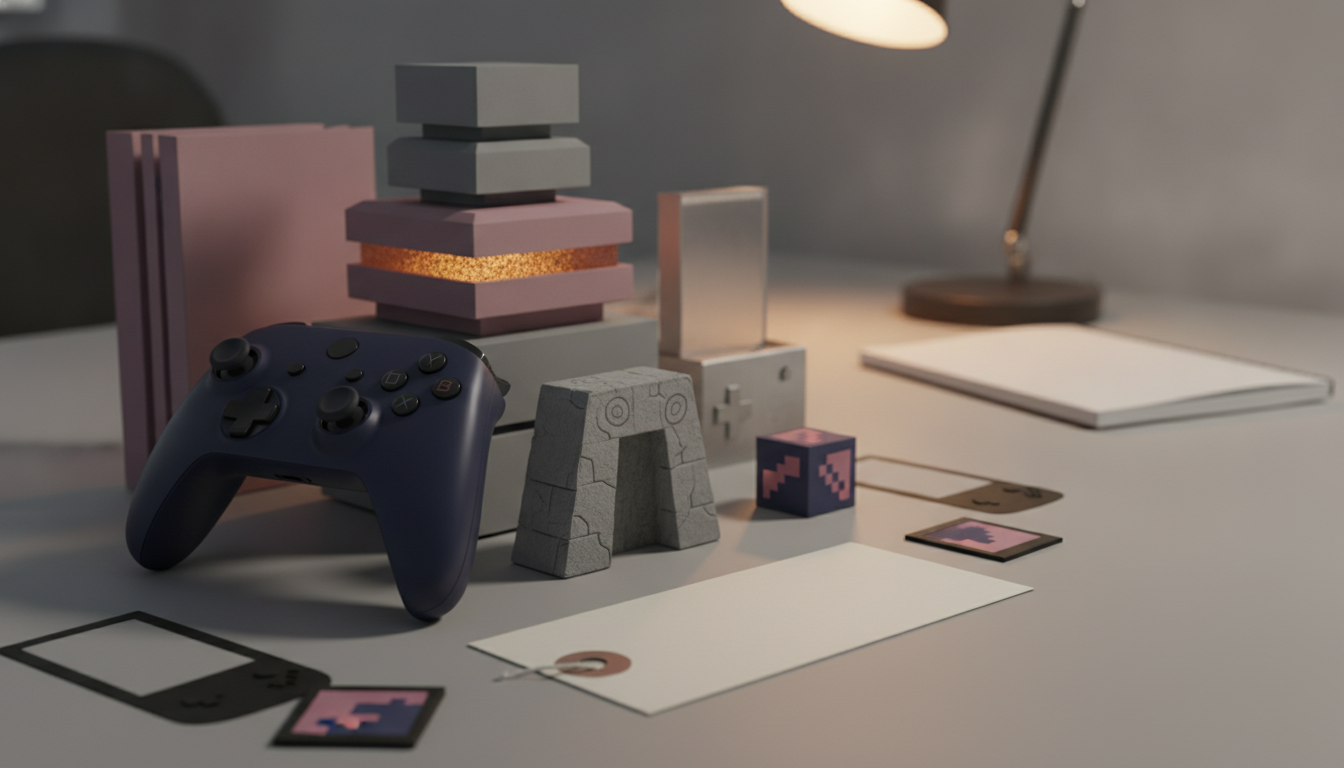 A dark game controller, stacked pastel blocks, a gray stone arch, small cards, and a desk lamp on a tabletop.