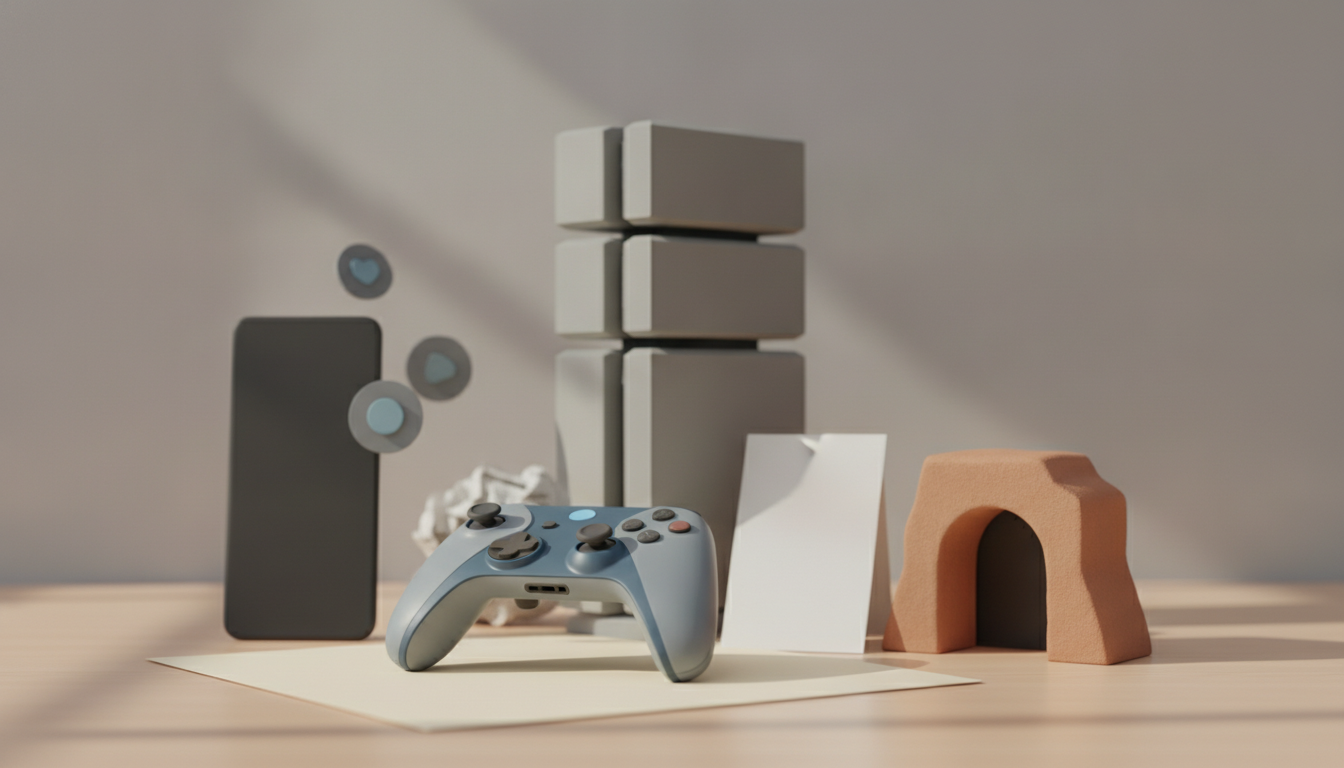A blue game controller sits on a light sheet among stacked gray blocks, a tall dark rectangle, and small curved shapes on a tabletop.