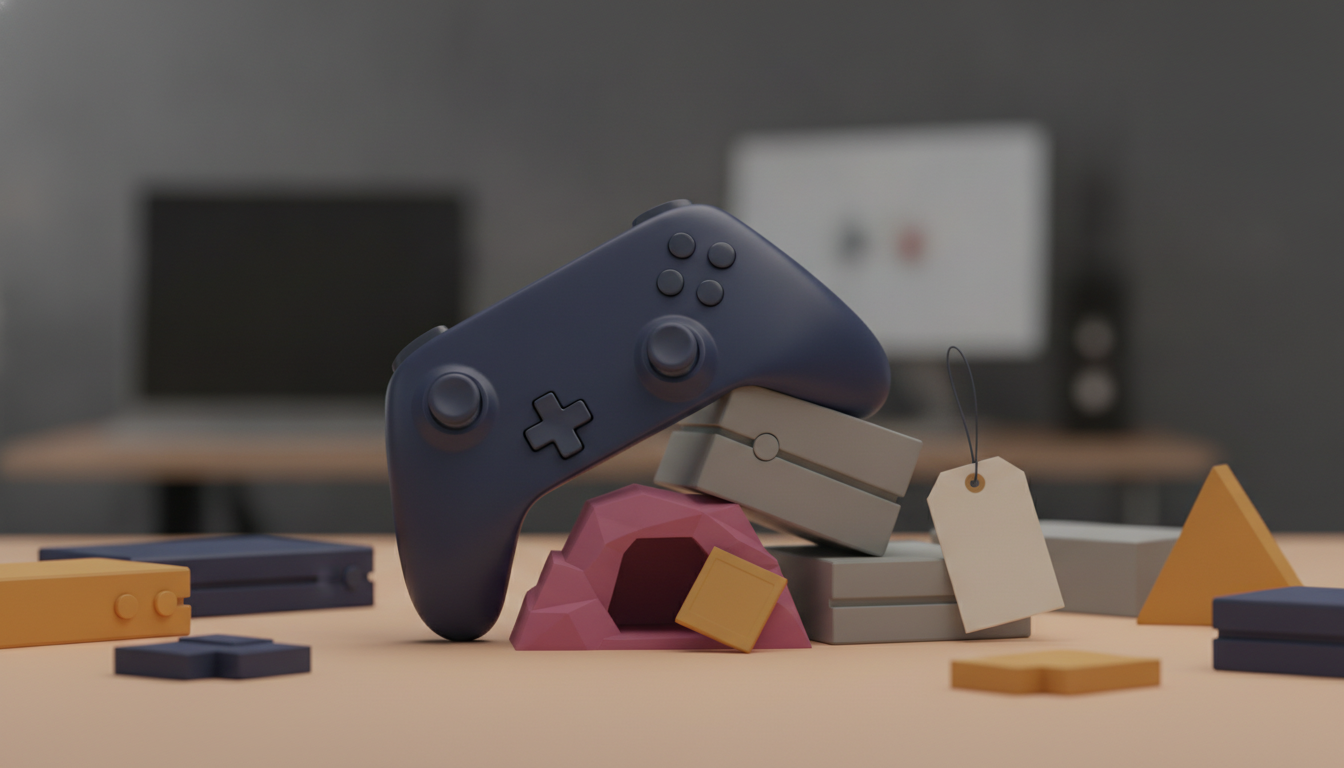 a dark game controller leans on stacked blocks beside a pink cave shape and hanging tag
