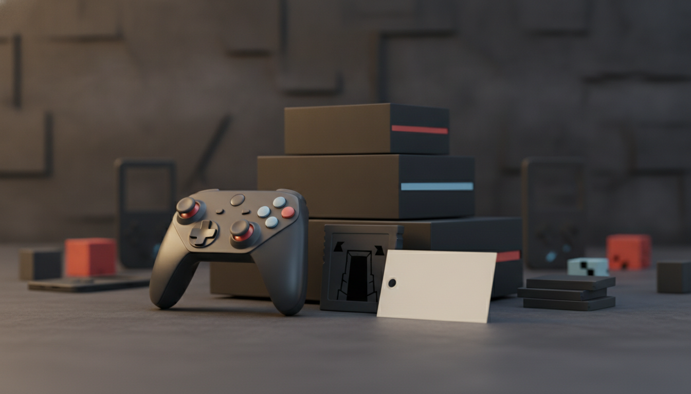 a game controller leans beside stacked boxes, a small card, and several colored blocks on a gray surface