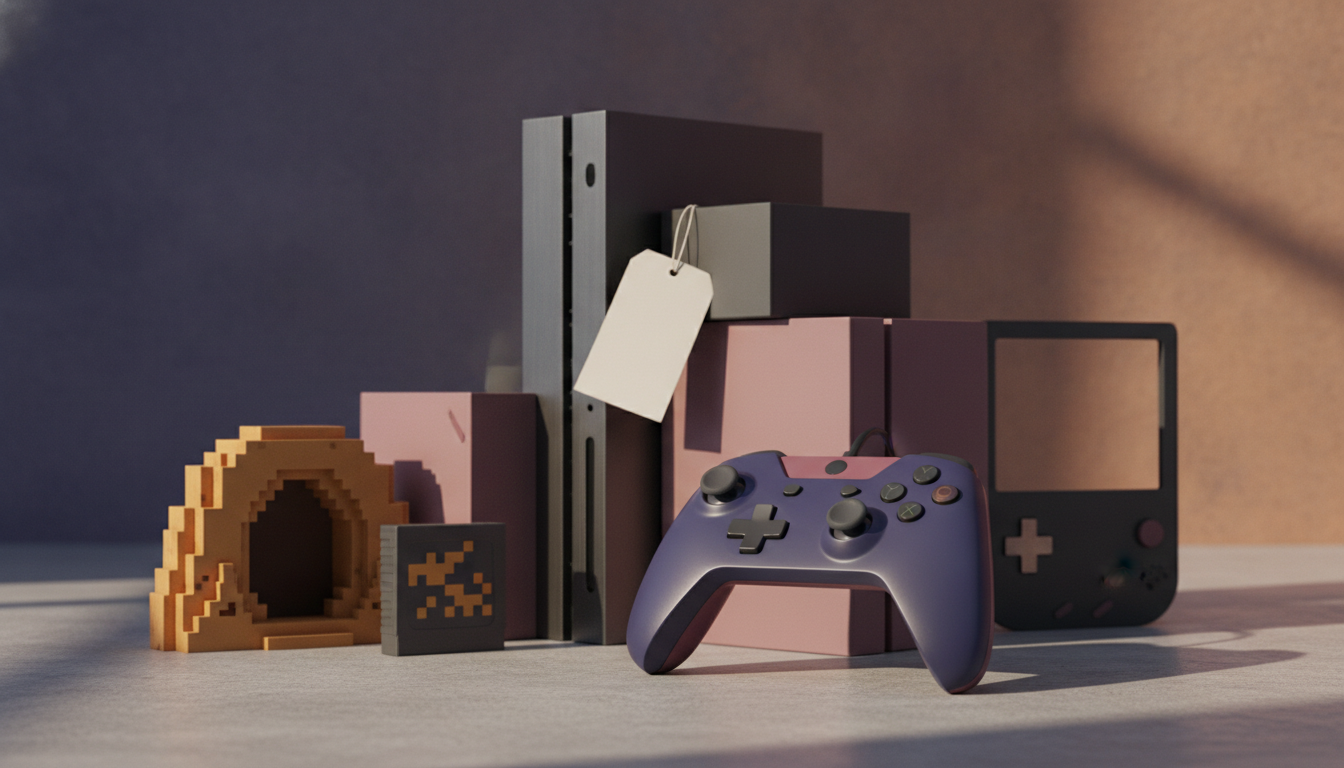 A purple game controller sits in front of stacked boxes, a handheld device, a blank tag, and a small pixelated arch.