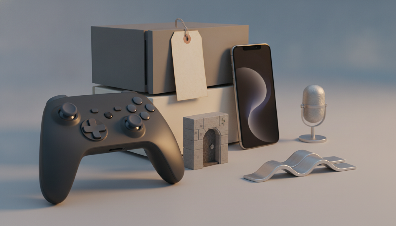 a game controller, stacked boxes with a hanging tag, a smartphone, a small microphone, a tiny stone doorway, and a wavy metal piece