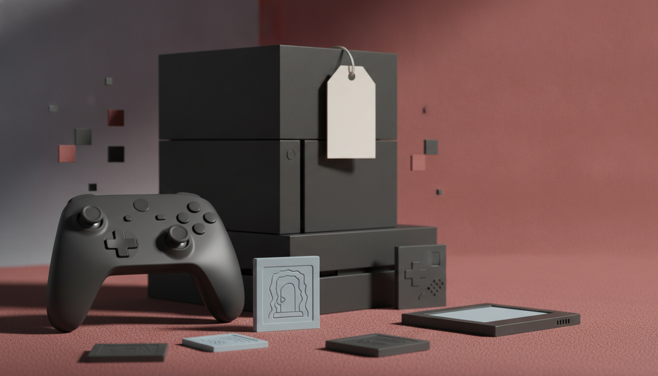 dark game controller beside stacked black boxes, small square tiles, a hanging blank tag, and a flat screen on a pink surface