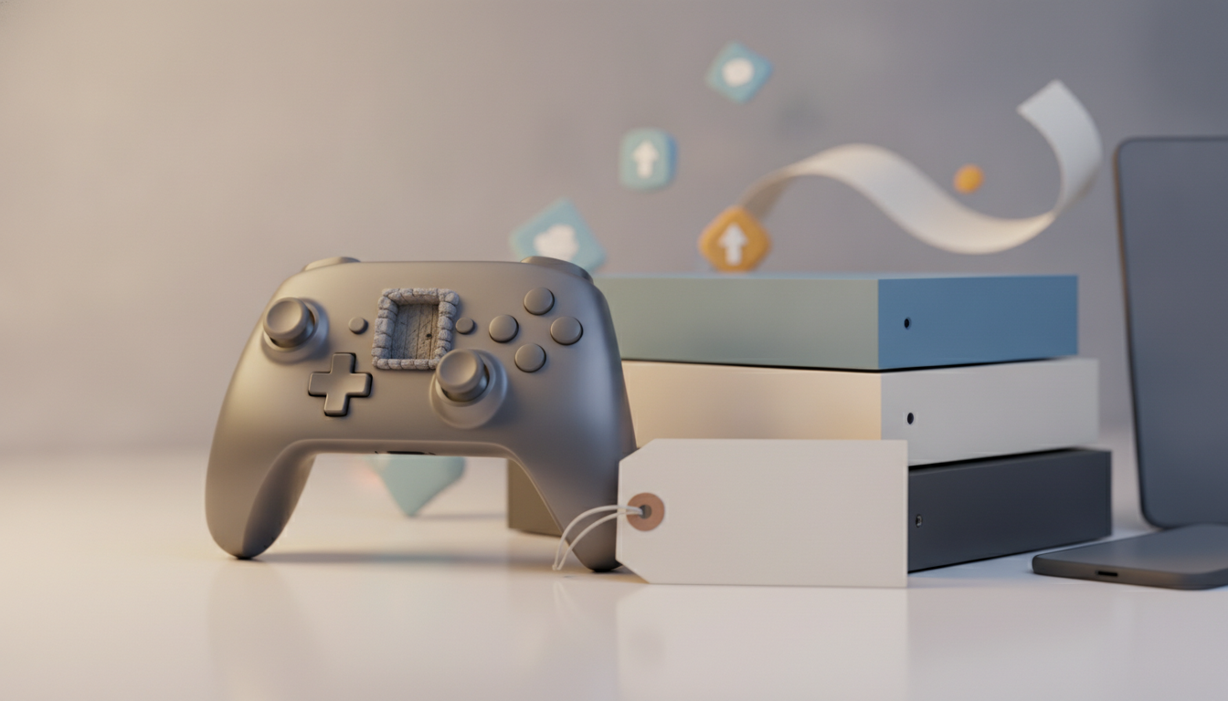 a gray game controller sits beside stacked boxes and a hanging tag on a glossy surface