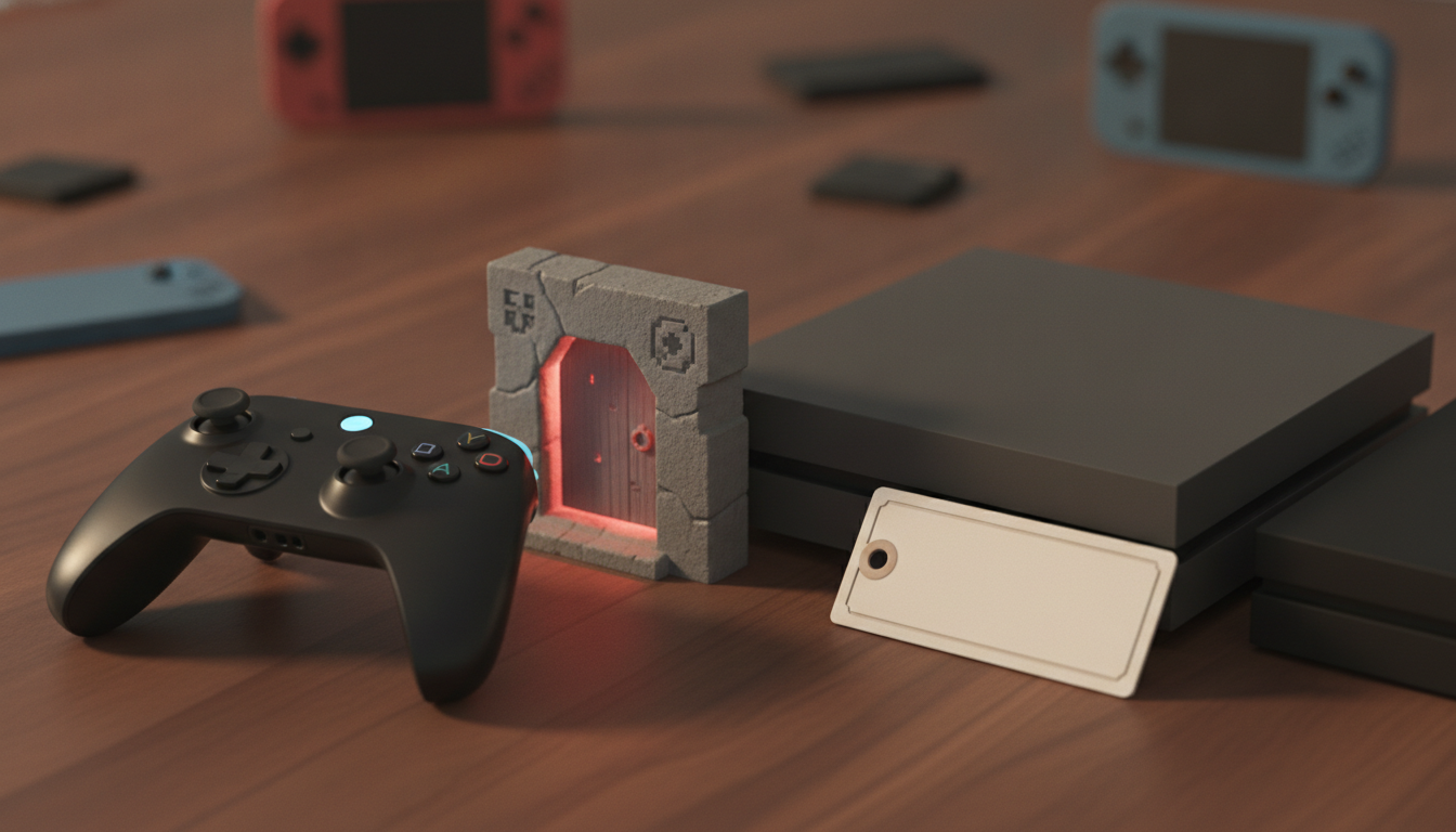 A black game controller sits beside a small stone arch with a glowing red opening, next to a black console and a white tag on a wooden surface.