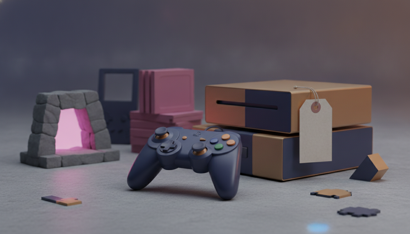 A dark blue game controller is on a grey surface, surrounded by a glowing stone archway, a handheld console, pink cartridges, and stacked gold and blue consoles with a blank tag.