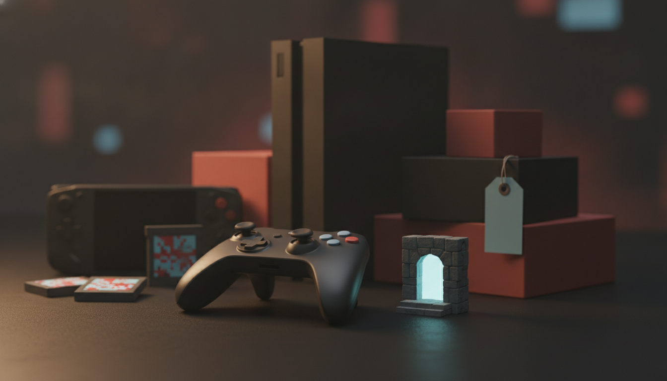 A black game controller, a glowing stone archway, a handheld gaming device, and game cartridges are arranged in front of a stack of black and red boxes with a price tag.
