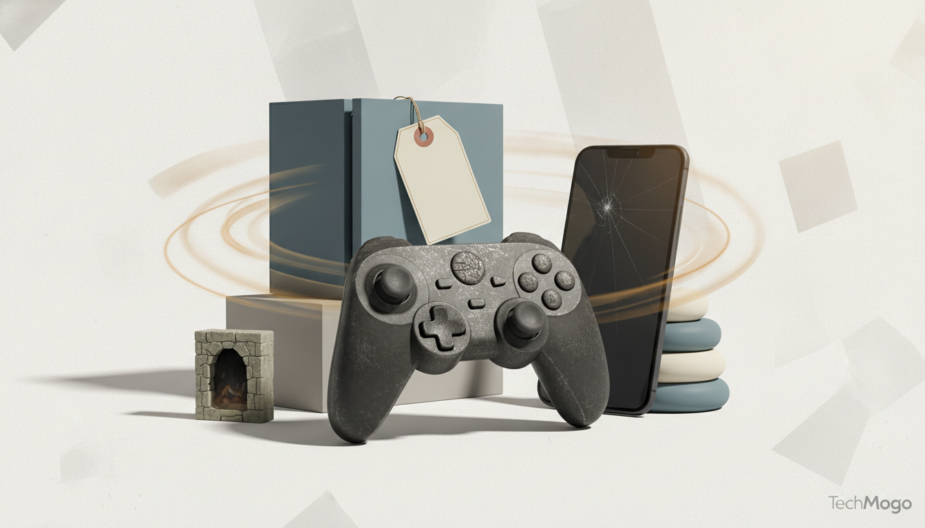 a game controller in front of stacked boxes, a cracked smartphone, a blank tag, and a small stone fireplace