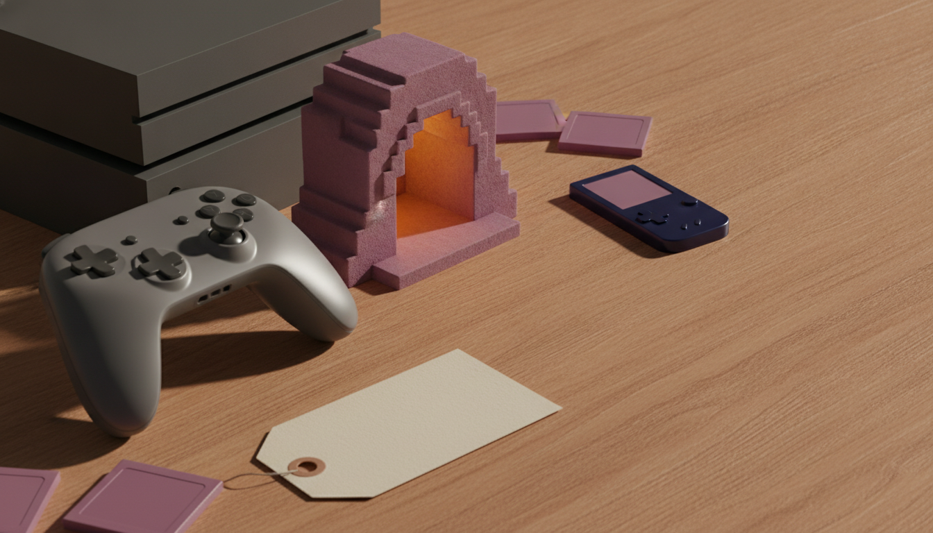 A gray game controller, a small pink stepped arch, a handheld device, and a blank tag lie on a wooden desk.