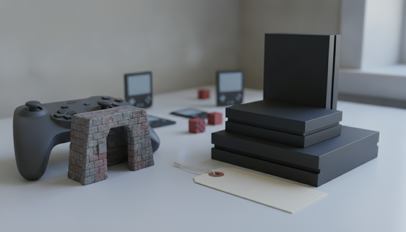 A game controller sits beside a small stone arch, stacked black boxes, and a blank tag on a white surface.