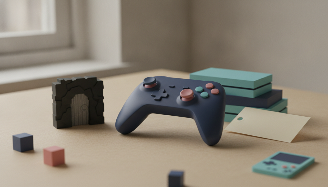 A game controller sits on a table beside stacked boxes, a small carved arch, paper tags, and tiny colored blocks.