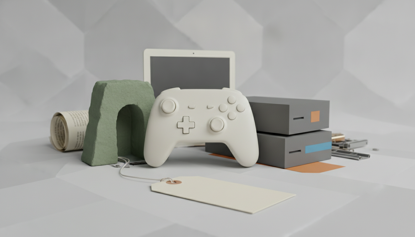 A white game controller sits in front of a tablet, with gray boxes, a green arch, a rolled paper, and a blank tag nearby.