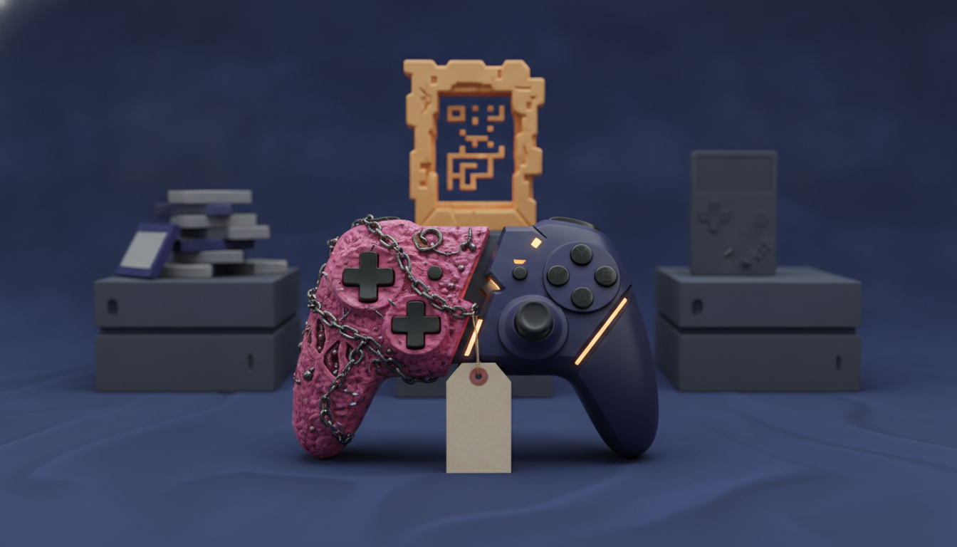 two game controllers, one pink with chains and one dark blue with glowing accents, sit before stacked boxes and a framed pixel symbol