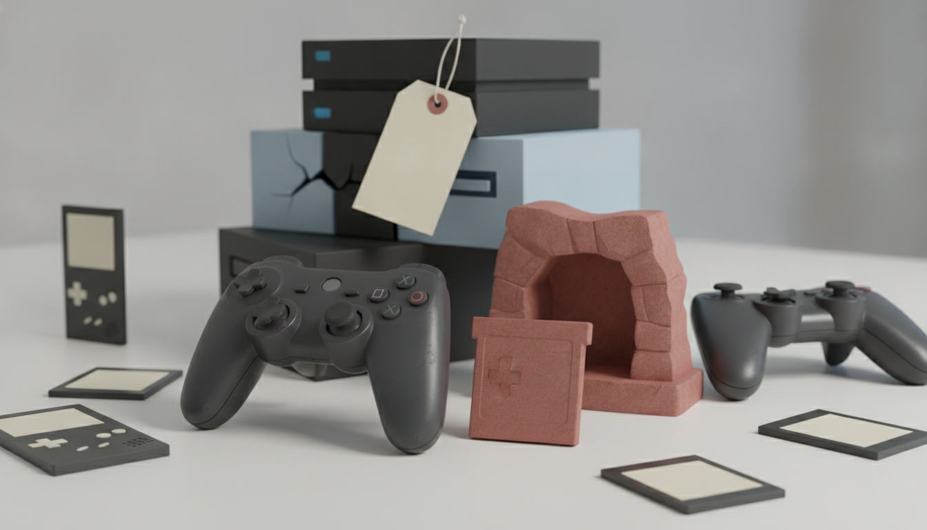 several game controllers, handheld consoles, stacked boxes, a hanging tag, and a small rock-shaped opening on a light surface