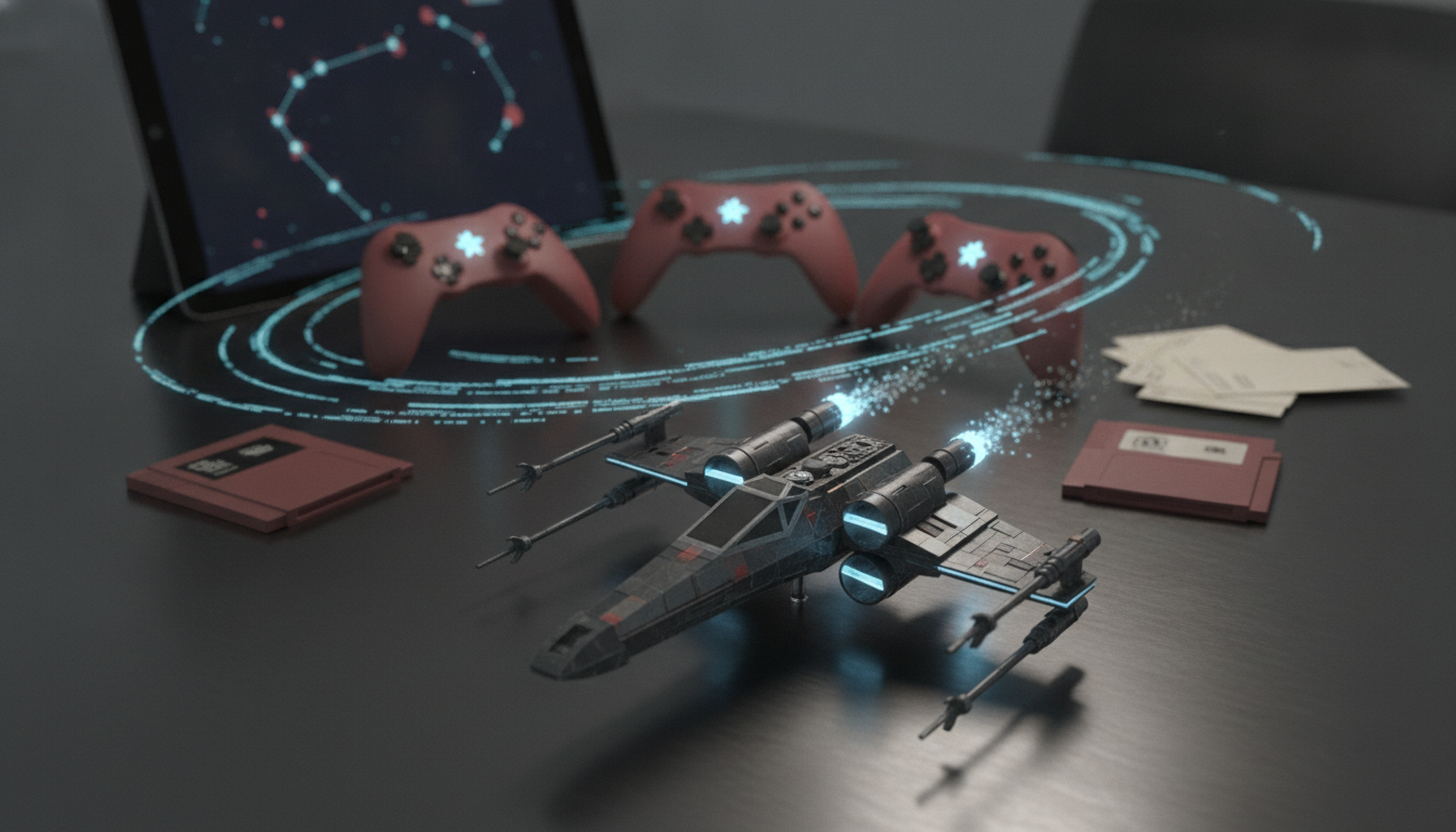 three game controllers, a small spacecraft model, floppy disks, and papers on a dark table with glowing blue rings