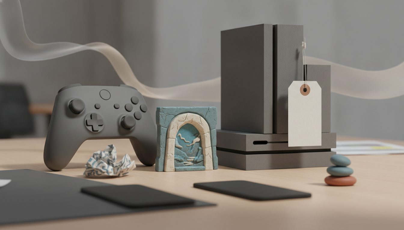 A gray video game controller, a decorative block, and a stack of gray console-like objects with a blank tag are arranged on a wooden desk with two phones, crumpled paper, and a