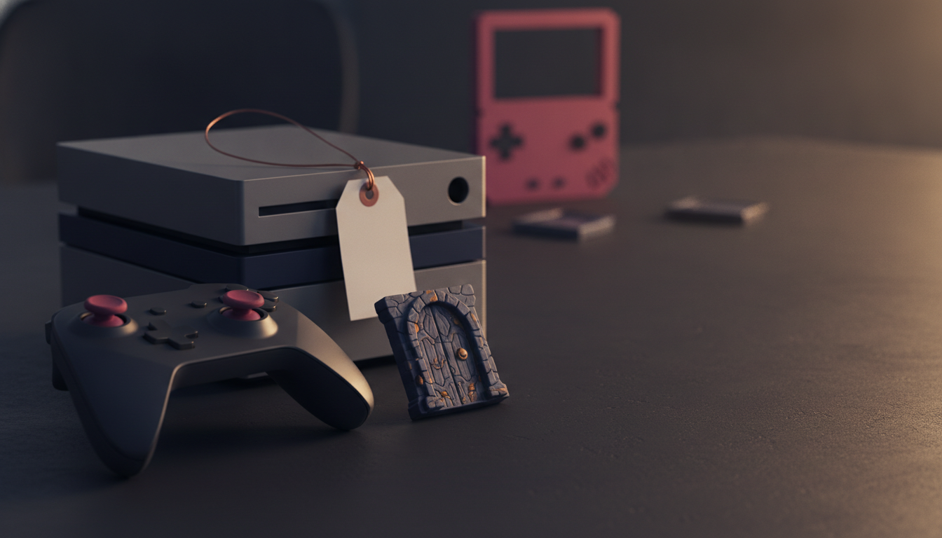A gray gaming console with a white tag, a black controller, and a miniature stone door sit on a dark surface, with a blurry pink handheld game and cartridges in the background.