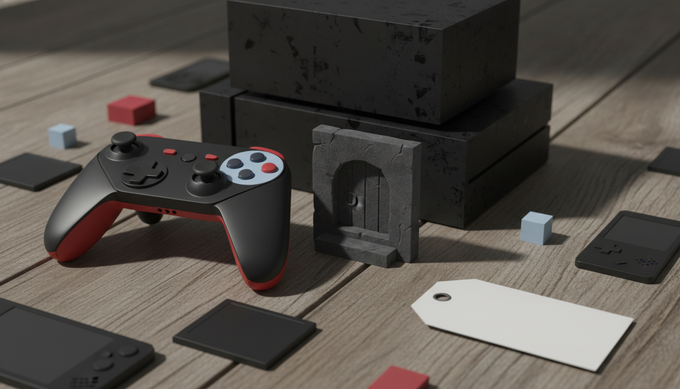 A black and red game controller, stacked black consoles, a stone archway, small cubes, black cartridges, a white tag, and handheld devices are on wood.