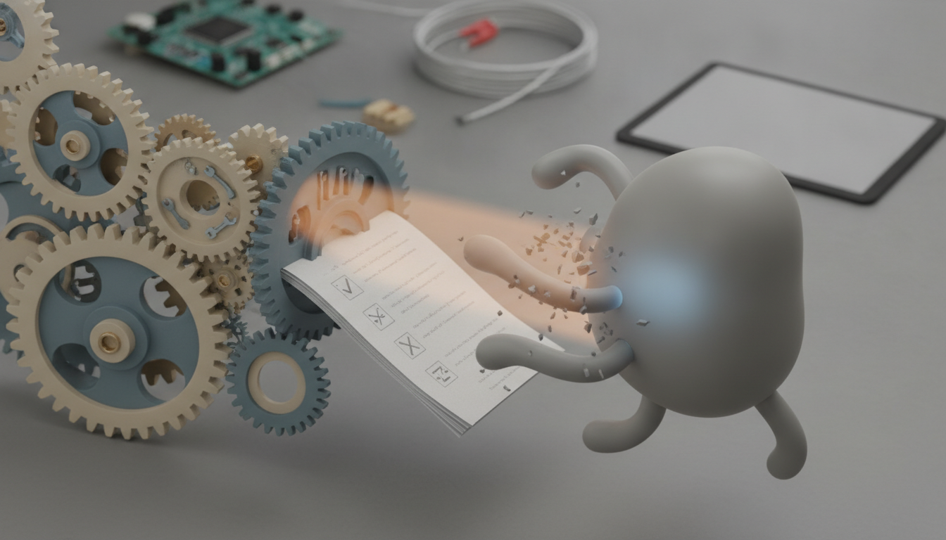 A gray figure reaches toward a paper booklet passing through interlocking gears on a table.