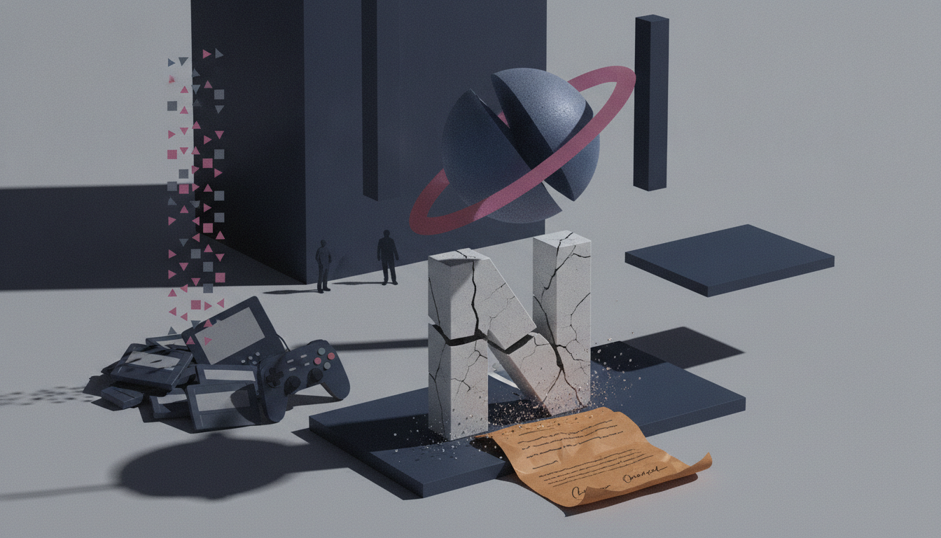 A stylized scene featuring dark geometric blocks, two small figures, a segmented planet, a pile of electronics, a cracked letter N, and a crumpled paper on a gray surface.
